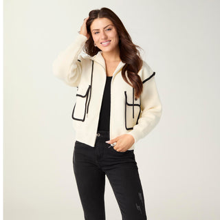Malia Zip Front Hoodie with Piped Trim - Ivory