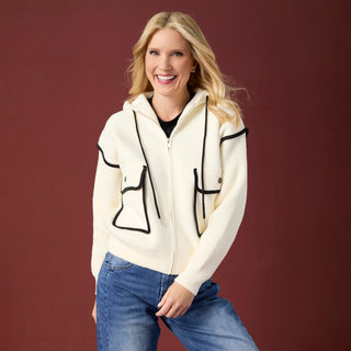 Malia Zip Front Hoodie with Piped Trim - Ivory