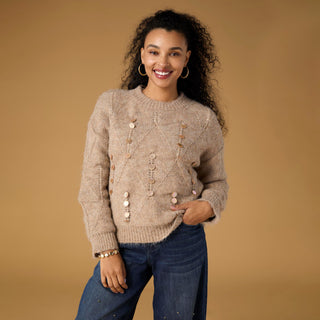 McKenna Pointelle Sweater with Paillettes - Beige Heather