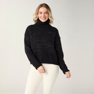 Jocelyn Sequin Stripe Turtleneck Sweater - Black/Silver