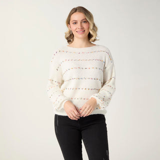 Bonnie Sequin Mini-Pom Boatneck Sweater - Winter White/Multi