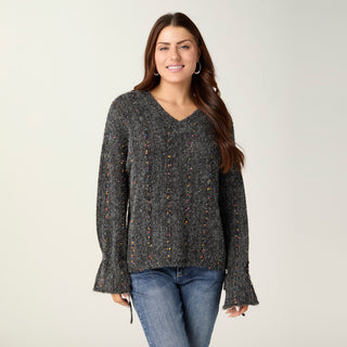 Mira Sequin Mini-Pom Tie-Sleeve Sweater - Grey Multi