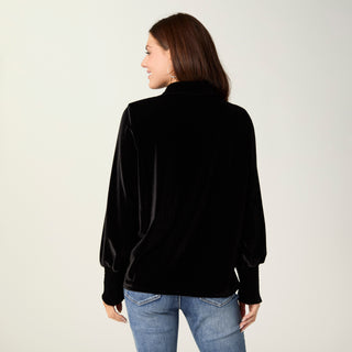 Elaine Velour Collared Top with Smock Cuff - Black