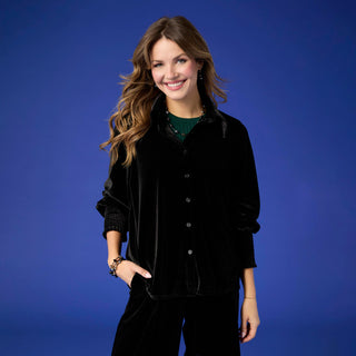 Elaine Velour Collared Top with Smock Cuff - Black