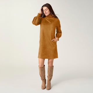 Charlee Faux Suede Pleated Sleeve Dress - Camel