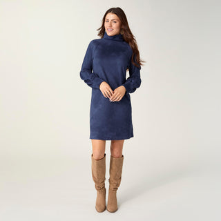 Charlee Faux Suede Pleated Sleeve Dress - Navy