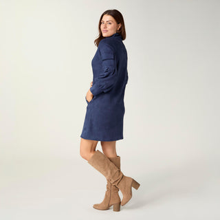 Charlee Faux Suede Pleated Sleeve Dress - Navy