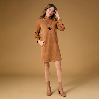 Charlee Faux Suede Pleated Sleeve Dress - Navy