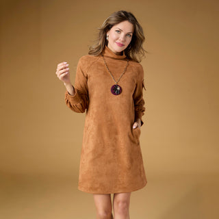 Charlee Faux Suede Pleated Sleeve Dress - Navy
