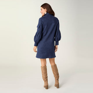 Charlee Faux Suede Pleated Sleeve Dress - Navy