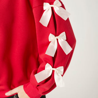 Pleated Bow Sleeve Sweatshirt - Red