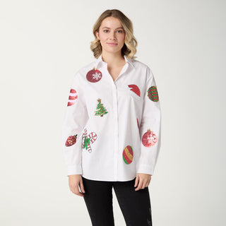 Assorted Holiday Sequins Patch Blouse - White