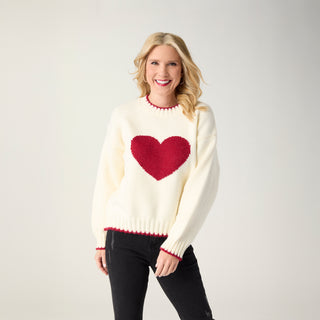 Intarsia Heart Sweater with Whipstitch Trim - Ivory
