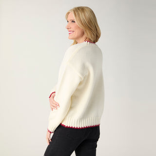 Intarsia Heart Sweater with Whipstitch Trim - Ivory