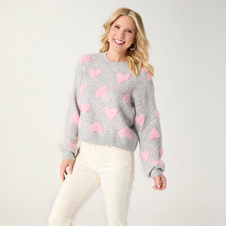 Raised Multi Heart Crew Neck Sweater - Grey/Pink