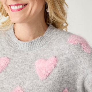 Raised Multi Heart Crew Neck Sweater - Grey/Pink