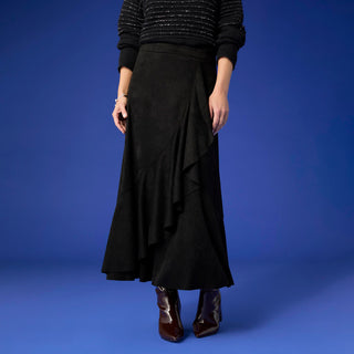 Canyon Faux Suede Skirt with Ruffle - Black