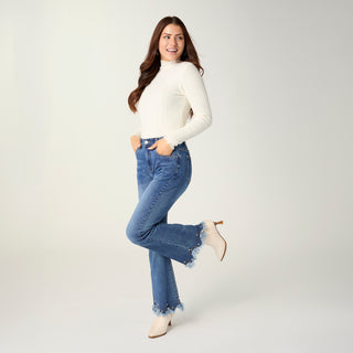 EverStretch Flare with Pearl & Fringe Hem - Medium Denim