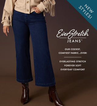 Person wearing blue jeans with promotional text for EverStretch Jeans on a brown background