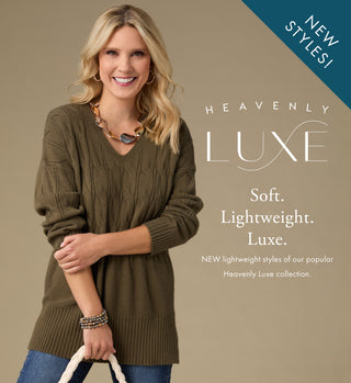 Woman wearing a brown sweater with 'Heavenly Luxe' branding on a beige background