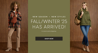 Two women modeling fall/winter clothing with promotional text on a green background.