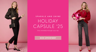 Two women in stylish outfits with a pink background and text for a holiday capsule collection.