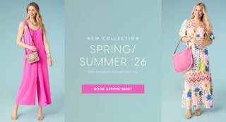 Two women in colorful outfits with a promotional banner for a new spring/summer collection.