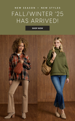 Two women in fall/winter clothing with promotional text above them.