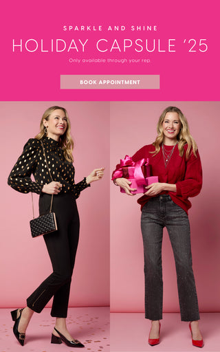 Two women in stylish outfits with a pink background and text promoting a holiday capsule collection.