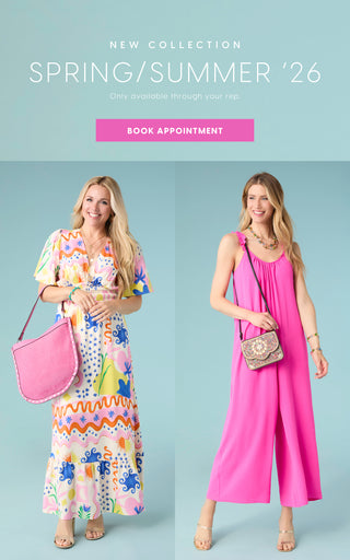Two women in colorful outfits with accessories on a light blue background, promoting a new collection for Spring/Summer '26.