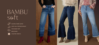 Collage of people wearing flared jeans with Bambu Soft branding and product details.