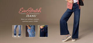 Person wearing EverStretch jeans with promotional text on a beige background