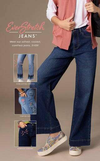 Person wearing EverStretch jeans with promotional text and images on a beige background