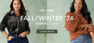 A promotional banner for Coco + Carmen featuring two models against a textured light green wall. On the left, a model wears a black and white vertically striped button-down shirt with dark blue jeans.