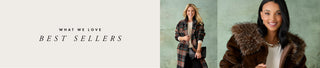 A promotional banner with the text 'WHAT WE LOVE BEST SELLERS' on the left, alongside two vertical product photos on the right showing women modeling clothing in a studio setting.