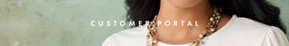 A close-up lifestyle shot of a woman wearing a multi-strand pearl and gold statement necklace, with a white top and a textured green background. The text 'CUSTOMER PORTAL' is overlaid across the center.
