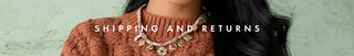A close-up of a person wearing a rust-colored knit sweater and a chunky layered necklace, with the text 'SHIPPING AND RETURNS' overlaid across the center against a pale green textured background.