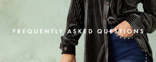 A cropped lifestyle photo of a person wearing a black vertically striped button-up shirt and blue jeans, with the text 'FREQUENTLY ASKED QUESTIONS' overlaid across the center against a pale green textured background.