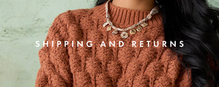 A close-up of a person wearing a chunky cable-knit terracotta sweater and a statement necklace, with the text 'SHIPPING AND RETURNS' overlaid across the center against a pale green textured background.