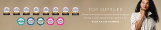 A promotional banner featuring a woman on the right and multiple award seals on the left, with text reading 'TOP SUPPLIER' and 'BOOK AN APPOINTMENT' on a beige background.