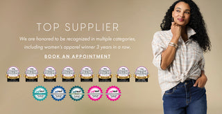 A promotional banner featuring a woman with curly black hair wearing a white plaid button-down shirt and blue jeans, standing against a beige background. On the left, white text reads 'TOP SUPPLIER' with a paragraph of copy, a row of gold award badges, and 'BOOK AN APPOINTMENT' above a row of colorful award seals.