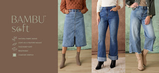 Promotional banner for Bamboo Soft denim jeans, featuring three models wearing different styles of wide-leg and straight-leg blue jeans on the right, and product feature text on a brown background on the left.