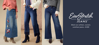 Three models wearing different styles of blue denim jeans from EverStretch Jeans, shown in a three-panel layout with a dark navy promotional panel on the right featuring the brand logo and slogan.