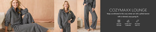 Model wearing striped loungewear matching set including wide leg pants and long sleeve half zip sweater. Right side says 'COZYMAXX LOUNGE' on a grey background.