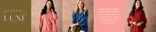 A promotional banner featuring four women modeling different colored knit sweaters in a studio setting with a warm beige background, alongside text reading 'HEAVENLY LUXE' and 'NEW STYLES FOR EVERYDAY LUXURY'.