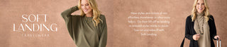 A promotional banner for Soft Landing Travelwear featuring two women modeling olive green and black outfits against a warm beige textured background with text overlays.