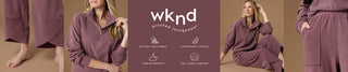 A composite promotional banner showing a woman wearing a matching mauve-purple lounge set in multiple views, with the brand name 'wknd' and small feature icons centered on a brown background.