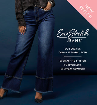 Person wearing EverStretch jeans with promotional text on a dark background