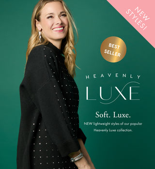 Woman wearing a black outfit with 'Heavenly Luxe' branding on a green background