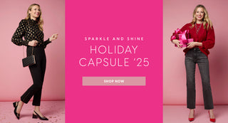 Two women in stylish outfits with a pink background and text promoting a holiday capsule collection.